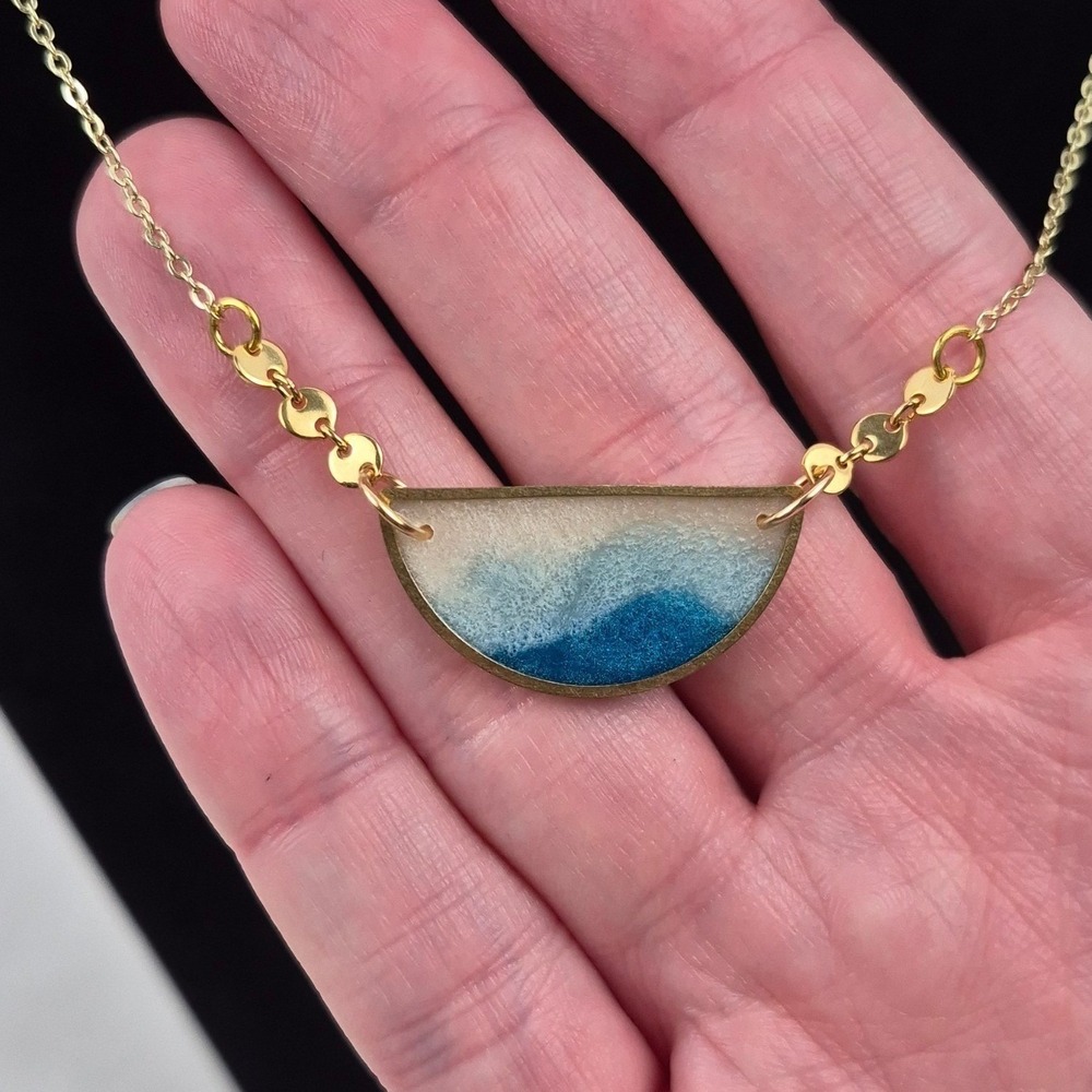 No Man's Land Gold Tone Enamel Necklace‎ Blue Coastal Ocean Minimalist 20" NWT